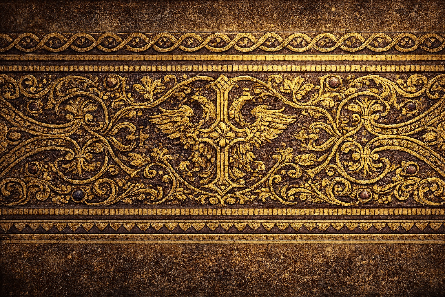 Gold byzantine frieze of scrolling vines and winged ornaments carved in relief