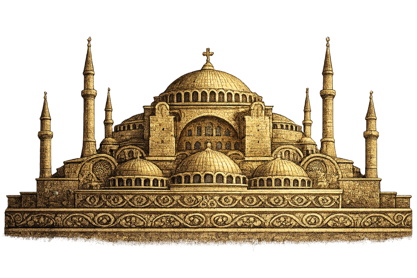 A great gilded basilica with domes and minarets, the corpus rendered as imperial architecture